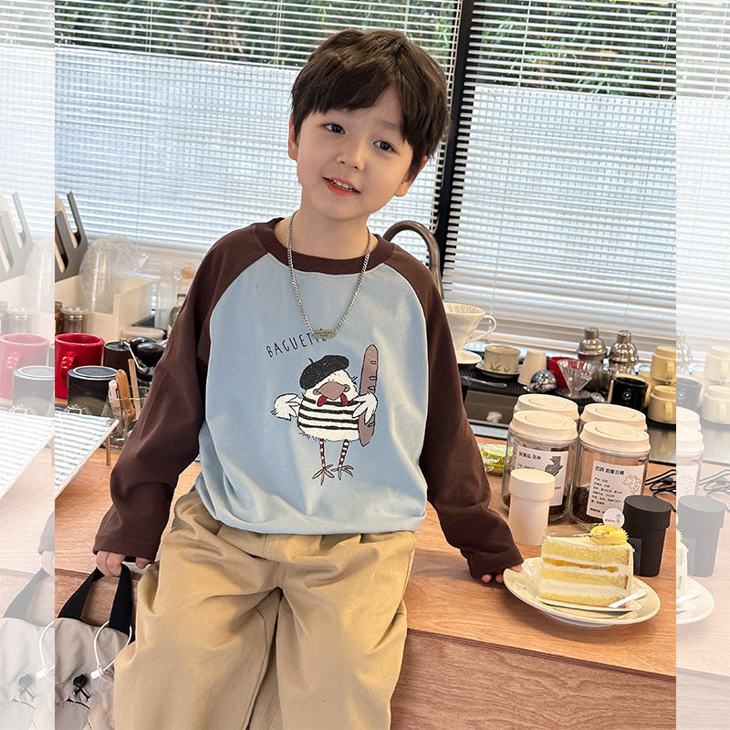 Amo Beibei children's tops 2024 spring cartoon raglan long-sleeved T-shirt boy handsome round neck contrast color bottoming shirt