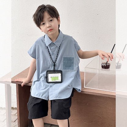 Elmo Beibei Children's 2024 Summer Loose Top Boys Handsome Color Blocking Pocket Washed Cotton Sleeveless Shirt