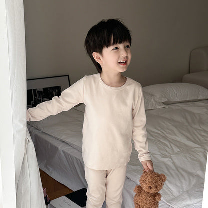 Amo Beibei children's pajamas for boys and girls 2024 spring solid color wool pull-out warm underwear two-piece set