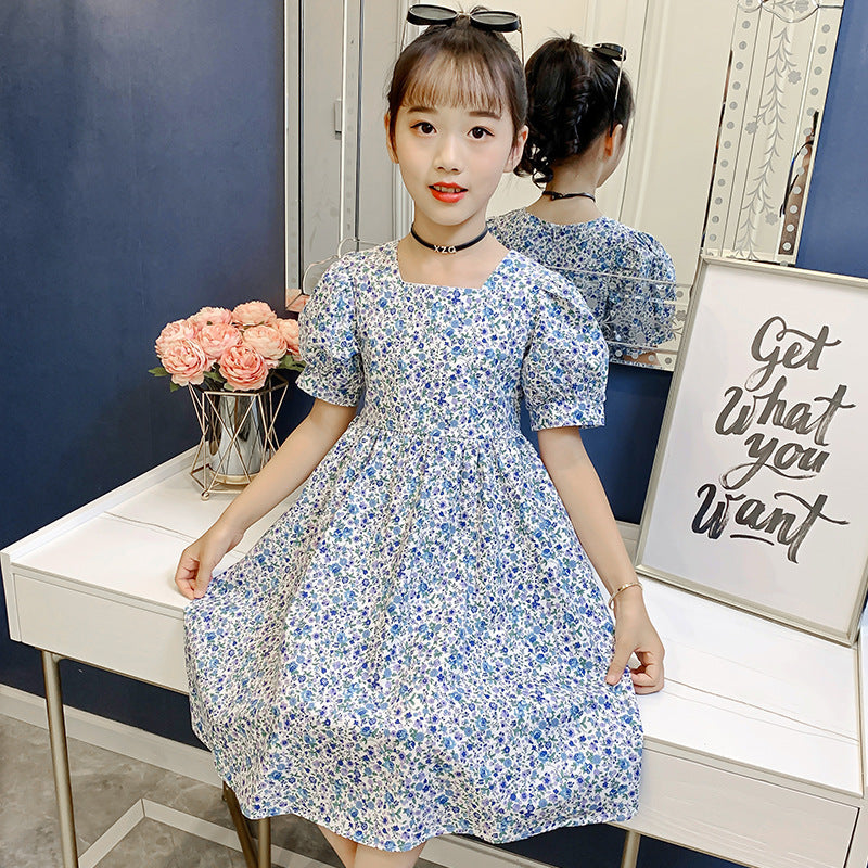 Summer children's pure cotton French palace puff sleeve dress short sleeve floral princess middle and large children slim trend