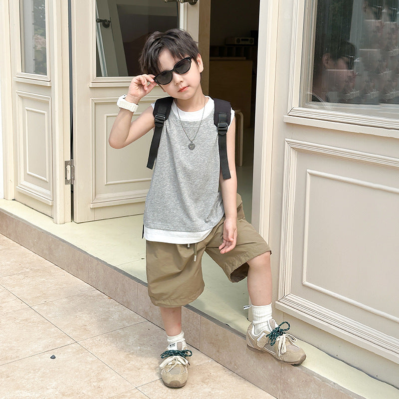 Amo Baby 2024 Summer Boys Splicing Fake Two-piece Vest Children's Baby Contrast Color Label Sleeveless Loose Top