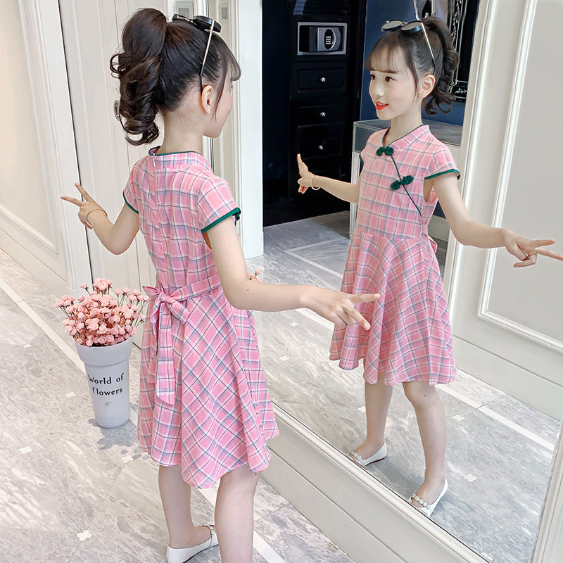 Girls short-sleeved cheongsam dress 2024 summer new Chinese style retro style dress Western style cotton plaid skirt