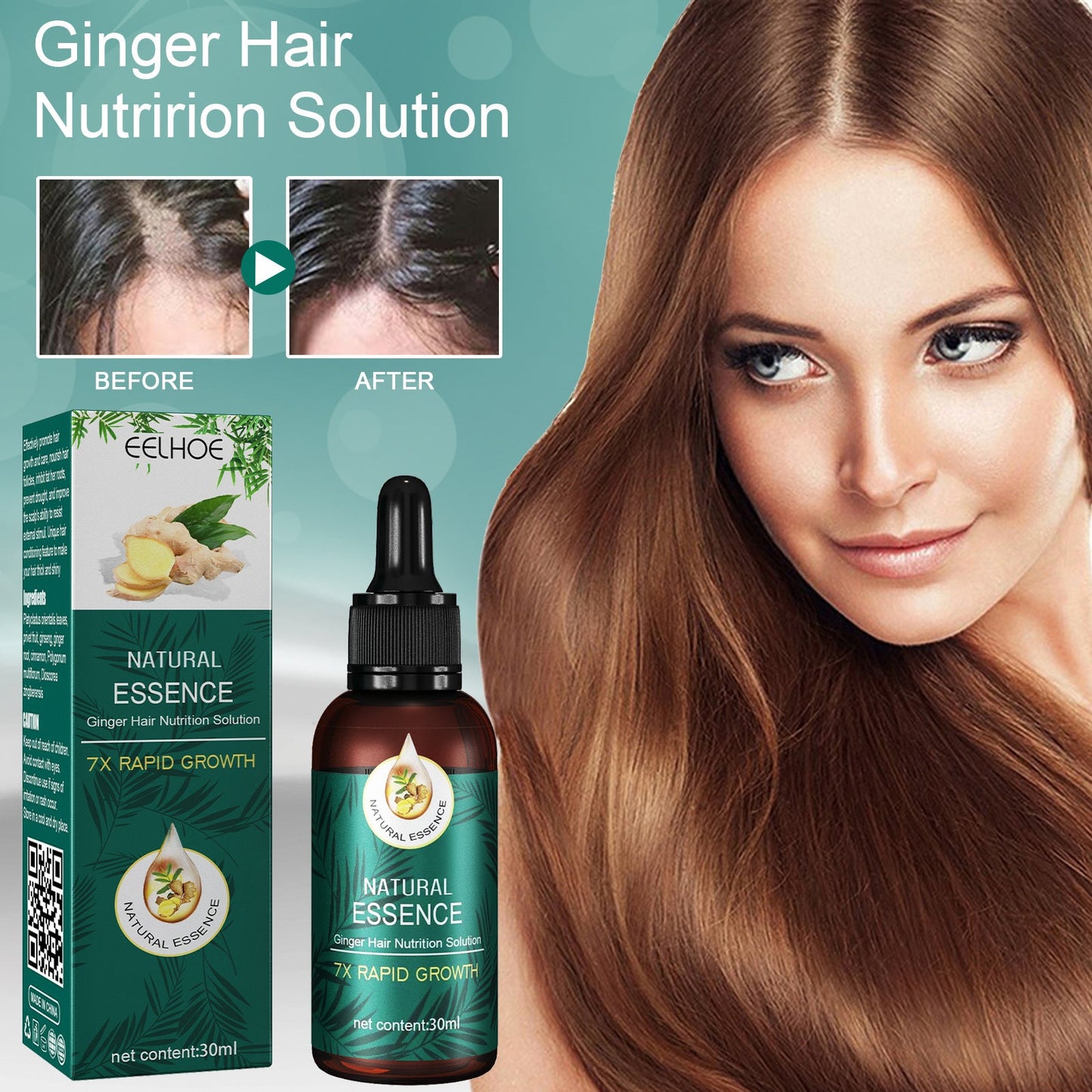 EELHOE Ginger Hair Care Essential Oil ជួសជុលឫសសក់ បណ្តុះសក់ ទន់រលោង ស្ងួត និងស្រួយ ប្រេងសំខាន់ៗ 