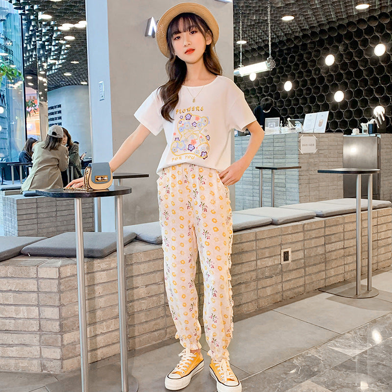 Summer girls' thin anti-mosquito pants ice silk loose floral sports cotton medium and large children's short-sleeved trousers two-piece suit trendy