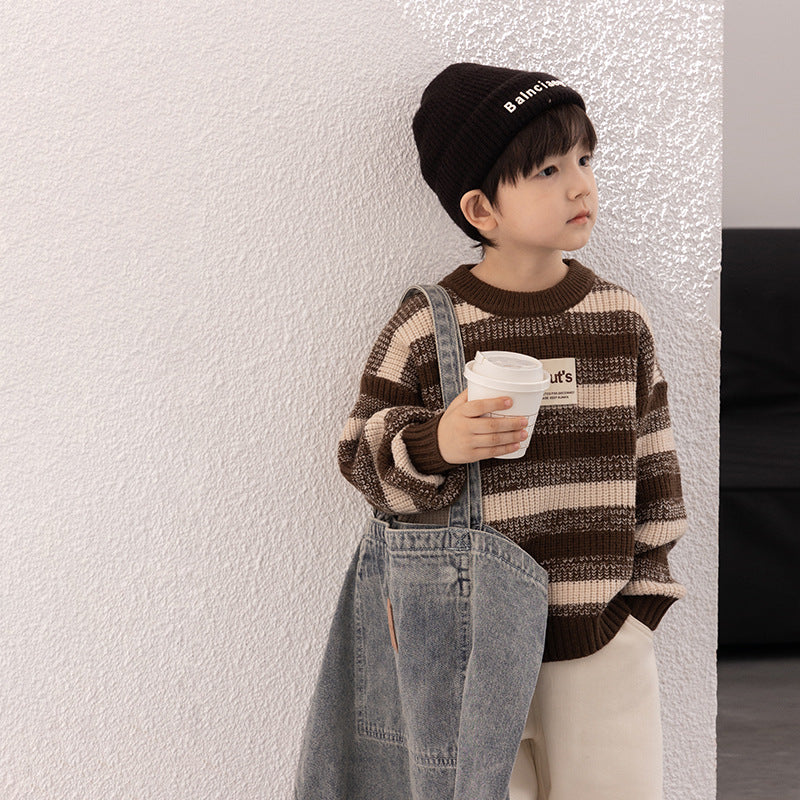 Amo Beibei 2023 new children's label thickened cashmere sweater baby winter striped warm sweater