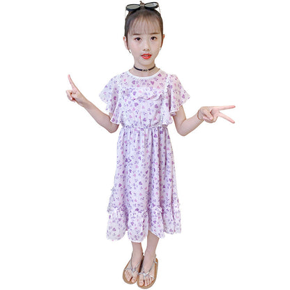 Girls dress short-sleeved chiffon dress new summer medium and large children's stylish printed princess dress Bohemian long skirt