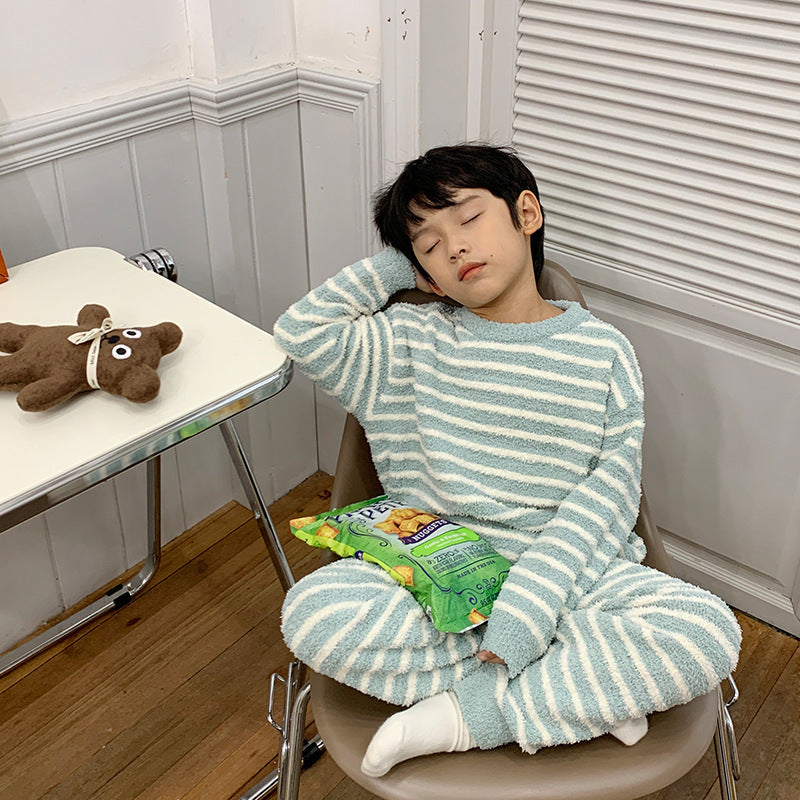 Amo Beibei children's 2024 winter thick warm home clothes boys and girls Korean velvet striped pajamas set trend