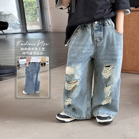 Amo Beibei children's pants 2024 spring style ripped straight jeans for boys and girls handsome personality trousers