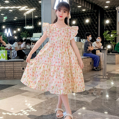 Summer girls floral dress pure cotton skirt fragrant wind flying sleeve vest cotton skirt medium and large children pink pastoral style dress