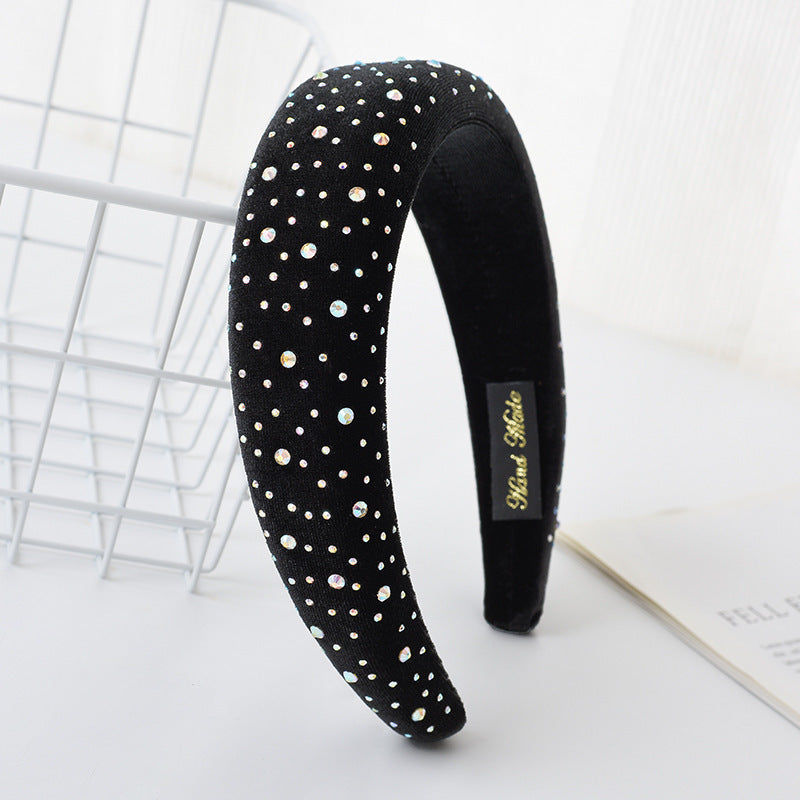 New French headband for women European and American retro diamond-studded sponge flat head buckle solid color fabric wide-brimmed headband hair cave for women