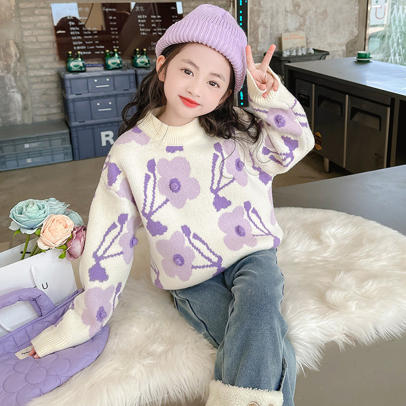 2024 Girls Winter Thick Sweater Korean Style Flower Elastic Warm Sweater Base Sweater Outerwear Sweater Middle Children