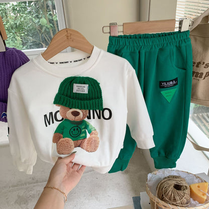 Children's suit 2024 Bangcheng spring new products boys and girls wearing hats bear suit baby casual two-piece suit C040