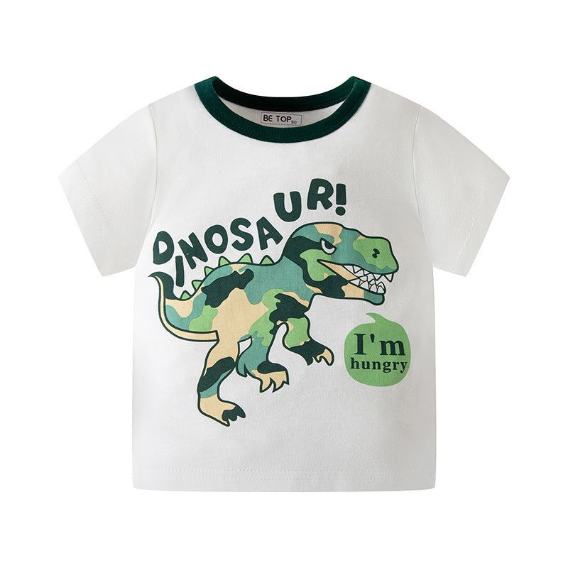 2024 Summer Children's Clothing Korean Dinosaur Cartoon Children's Short-sleeved T-shirt Baby Top Boys Small Children Round Neck Trend