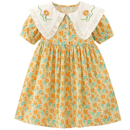 Girls summer floral cotton dress puff sleeves pure cotton pastoral style doll collar small children kindergarten sweet