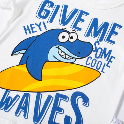 2023 Summer New Korean Children's Short Sleeve Cartoon Shark Pattern Baby Boy Tops Cotton T-shirt