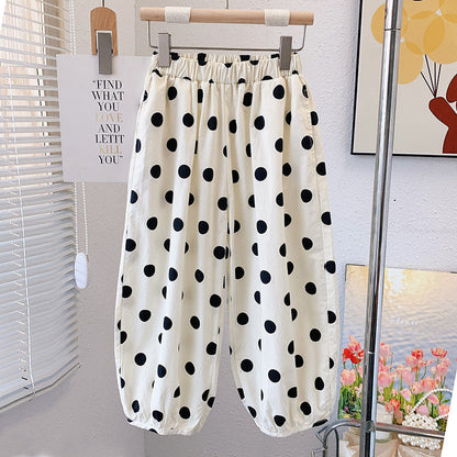 Children's summer cotton bloomers anti-mosquito pants pure cotton polka dot cuffs thin cool fat wide pants boys and girls wide-leg pants