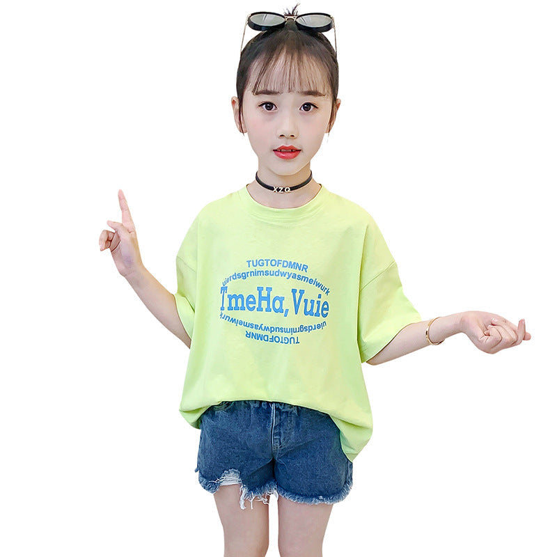 Girls short-sleeved T-shirt summer clothes 2024 new Korean style popular children's clothing middle and large children's summer loose tops