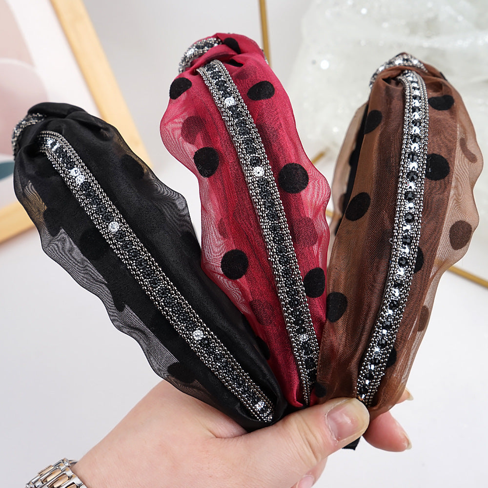 Amazon new style headband for women European and American ethnic style knotted head buckle permed rhinestone mesh gauze fabric headband hair cave women