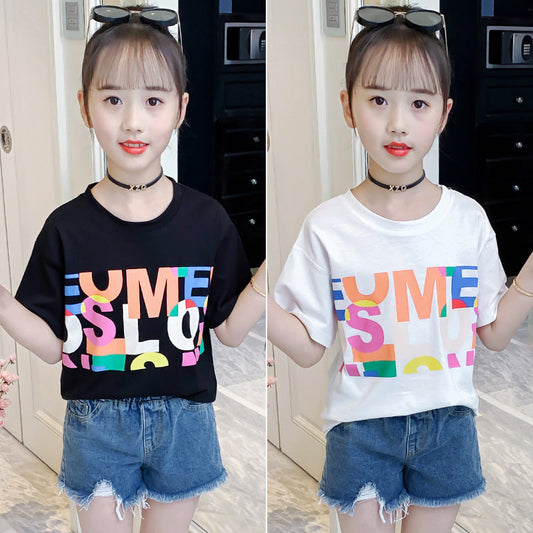 Girls summer short-sleeved T-shirt 2024 new style children's letter printed cotton top loose casual T-shirt