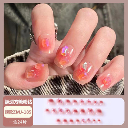 Wearable nail tips wholesale medium and long ice transparent oolong gradient peach nail art finished nail stickers false nails