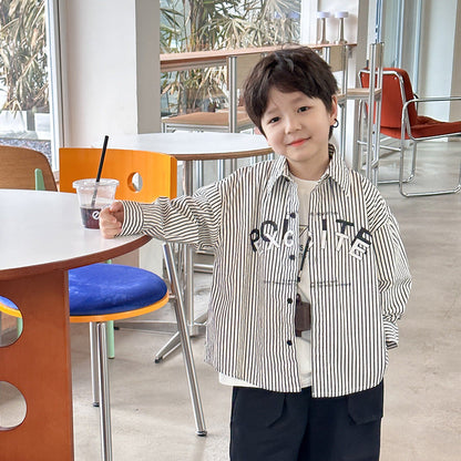 Amo Beibei Boys Long Sleeve Shirt 2024 Spring Children's Casual Loose Letter Striped Cotton Shirt Jacket