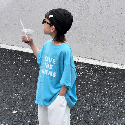 Children's T-shirt boy short-sleeved 2024 summer letter printing half-sleeved loose casual middle and large children's top T-shirt wholesale