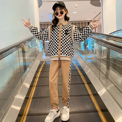 2024 new suits for middle and large children girls and boys checkerboard spring and autumn sports elastic loose baseball uniform two-piece suit