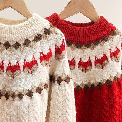 New Girls Cable Knit Sweater Retro Chunky Wool Sweater Cartoon Little Fox Head Elastic Thick Sweater