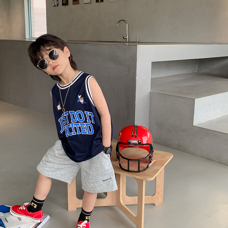 Elmo Beibei Children's 2024 Summer Letter Sports Breathable Top Boys Handsome Mesh Breathable Basketball Wear Vest