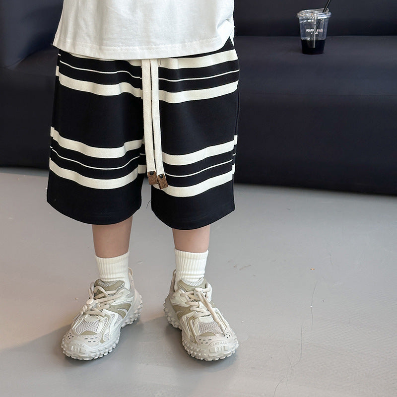 Amo Beibei children's 2024 summer all-match black and white striped shorts trendy boys and girls contrast color loose drawstring shorts