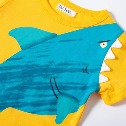 Summer children's short-sleeved cartoon shark print boy T-shirt pure cotton sweater baby top trendy one piece delivery