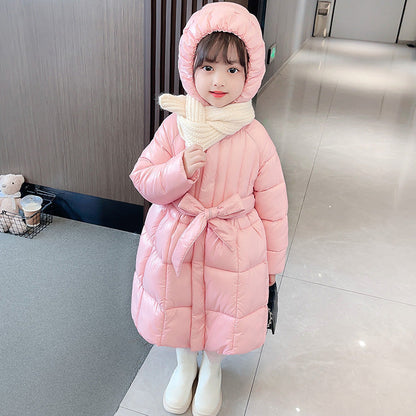 Girls winter long cotton coat elementary school students kindergarten cotton jacket skirt style Korean style bow princess dress