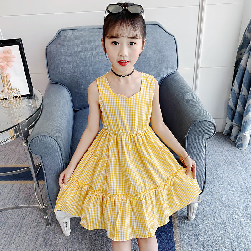 Girls summer plaid dress 2024 new Korean version petal collar plaid vest skirt Internet celebrity princess skirt trend