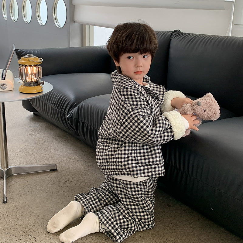 [Clearance Sale] 2023 Winter Plush Thickened Home Clothes Boys and Girls Baby Plaid Quilted Pajamas Set