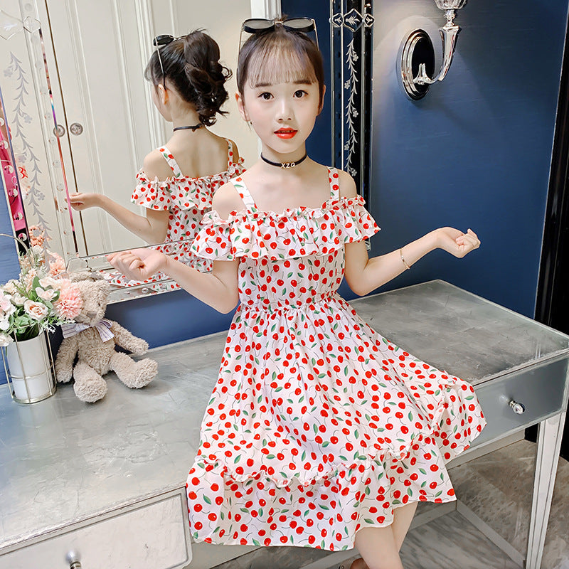 Girls dress summer 2024 new sling earrings off-shoulder dress sweet Bohemian holiday cherry long dress