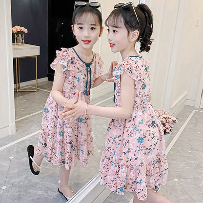 Girls floral chiffon dress 2024 new summer vest dress girl stylish skirt children's princess dress