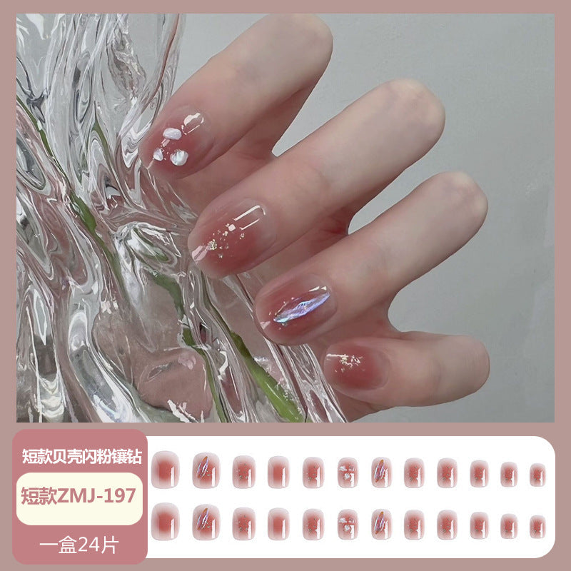 Wearable nail tips wholesale medium and long ice transparent oolong gradient peach nail art finished nail stickers false nails