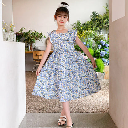 Girls' cotton dress, pastoral style, pure cotton floral flying sleeves, Korean style, small fresh princess dress, sweet wood ear edge dress