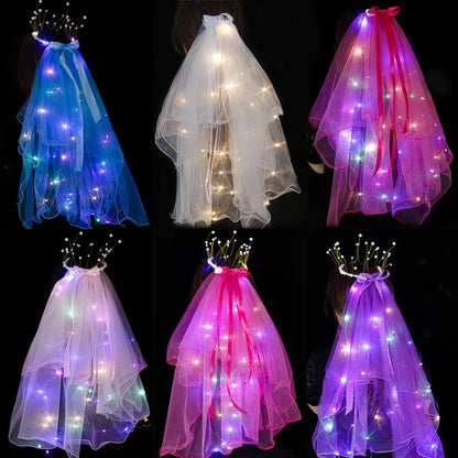 Colorful veil with light glowing double-layer tassel pearl crown flashing ribbon bow veil headdress night market