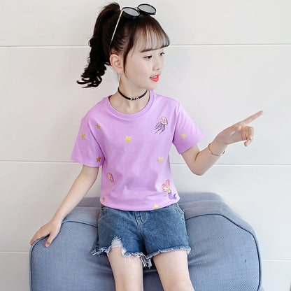 Girls summer short-sleeved T-shirt 2024 new fashion cartoon print loose T-shirt casual sports cotton top