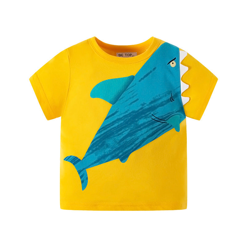 Summer children's short-sleeved cartoon shark print boy T-shirt pure cotton sweater baby top trendy one piece delivery