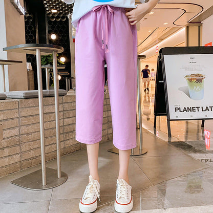 Girls summer cotton cropped trousers wide-leg trousers elastic loose net celebrity straight trousers sports leisure summer primary school student trend