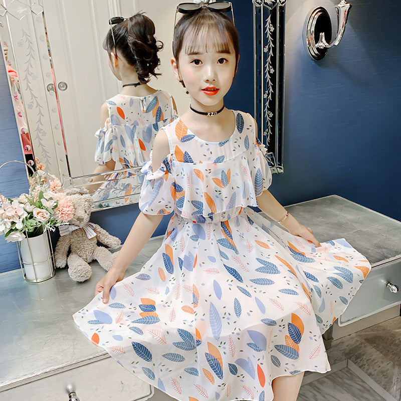 Girls dress summer 2024 new style chiffon off-shoulder dress medium and large children's Bohemian holiday dress 