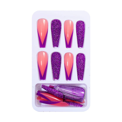 Manicure European and American wearable long ballet nails with diamond gradient color finished wearable nail pieces fake nail patches