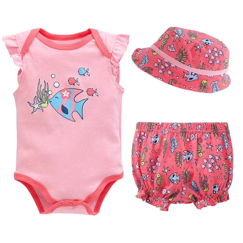 Baby suit three-piece set manufacturer 2024 summer new short-sleeved romper pants newborn clothes children's suit 