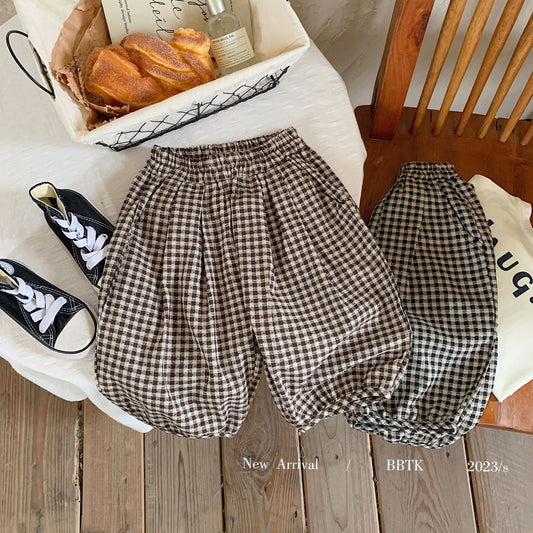 Children's shorts 2023 Bangcheng summer boys and girls plaid pants casual bloomers loose cropped pants F0182