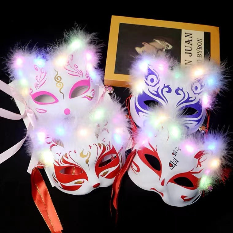 New luminous feather fox mask ancient Japanese style half face children's cartoon fox mask Halloween wholesale