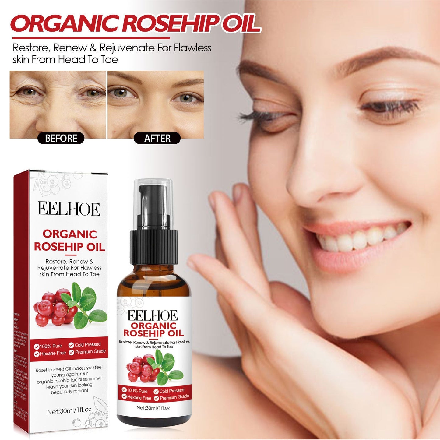 EELHOE Rosehip Oil Facial Essence ផ្តល់សំណើម កាត់បន្ថយស្នាមជ្រួញ បង្រួមរន្ធញើស ប្រឆាំងភាពចាស់ 