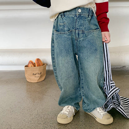 Amo Beibei 2024 Spring Children's Wide-leg Pants Boys and Girls Stylish Splicing Personalized Pocket Straight Jeans