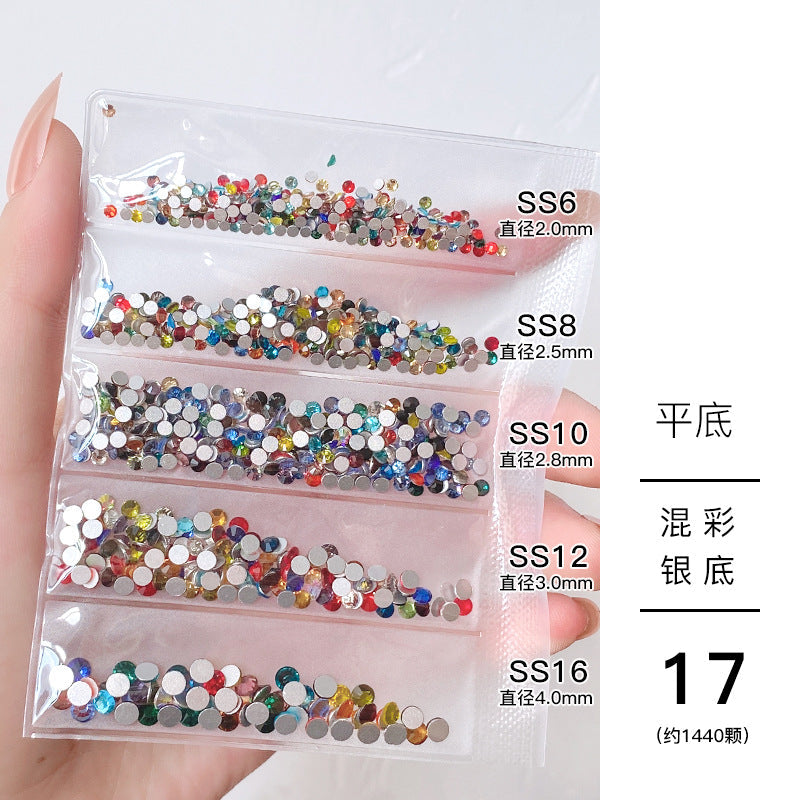 Nail jewelry wholesale 6-grid bagged rhinestones AB diamonds colored diamonds glass diamonds super flash flat bottom diamonds mixed colorful silver bottom